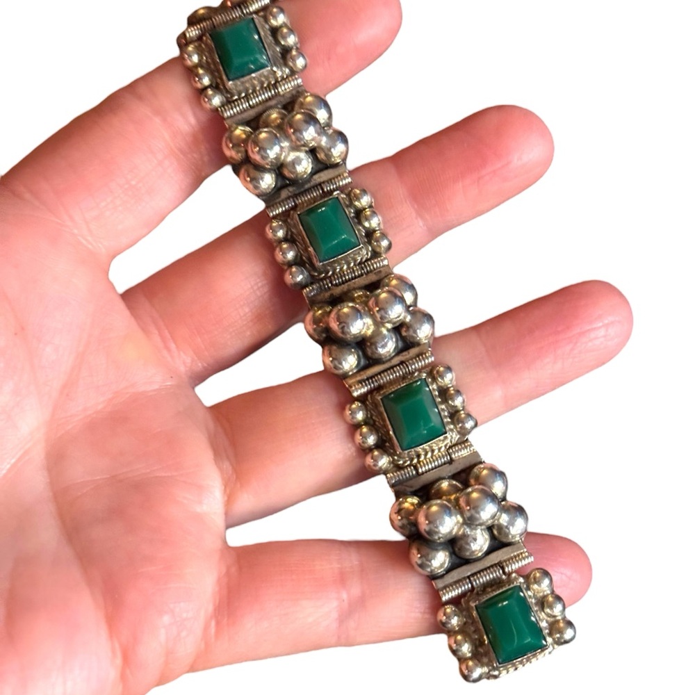 Vintage Sterling Silver 925 Green Onyx Link Bracelet Mexico 1950s